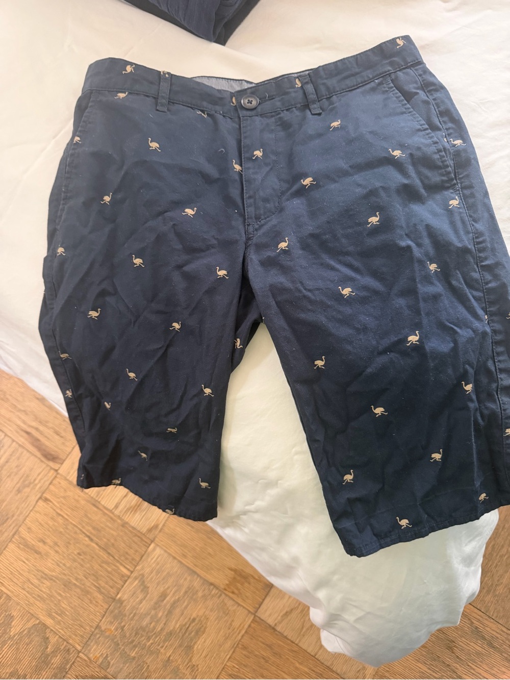 Men's Navy Flat-Front Shorts with Embroidered Flamingo Detail
